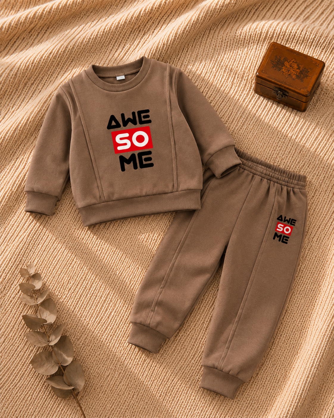 Mocha brown kids tracksuit set with Awe So Me print
