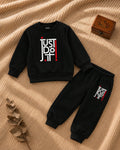 Black kids sweatshirt and jogger set with white and red slogan print