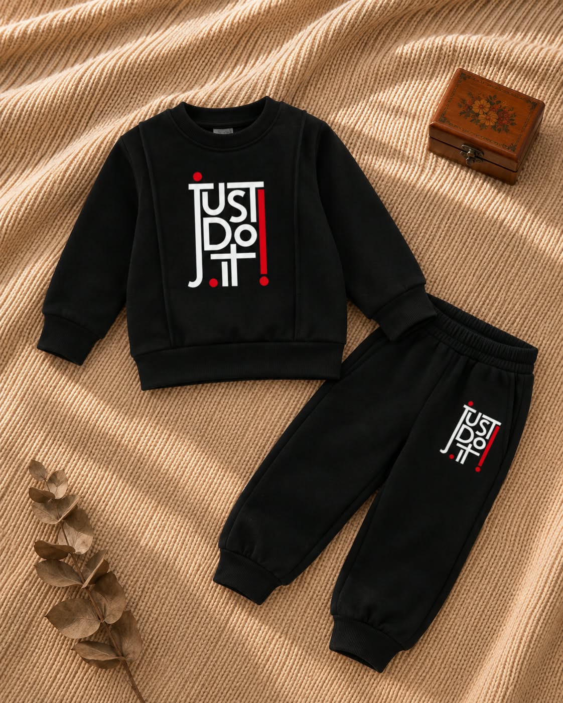 Black kids sweatshirt and jogger set with white and red slogan print