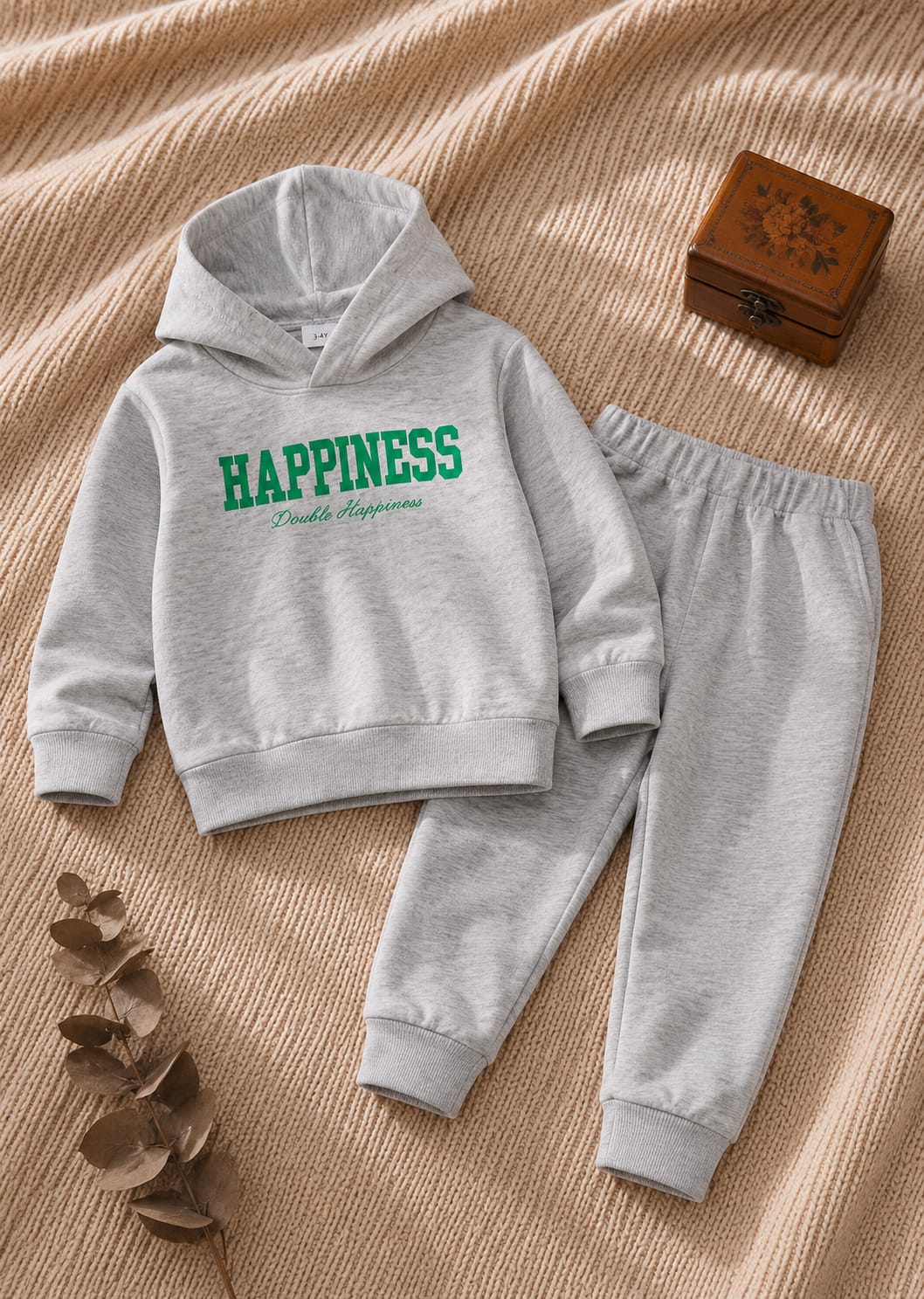 Plush Hoodie Style - Happiness Fleece Sweat Set Grey