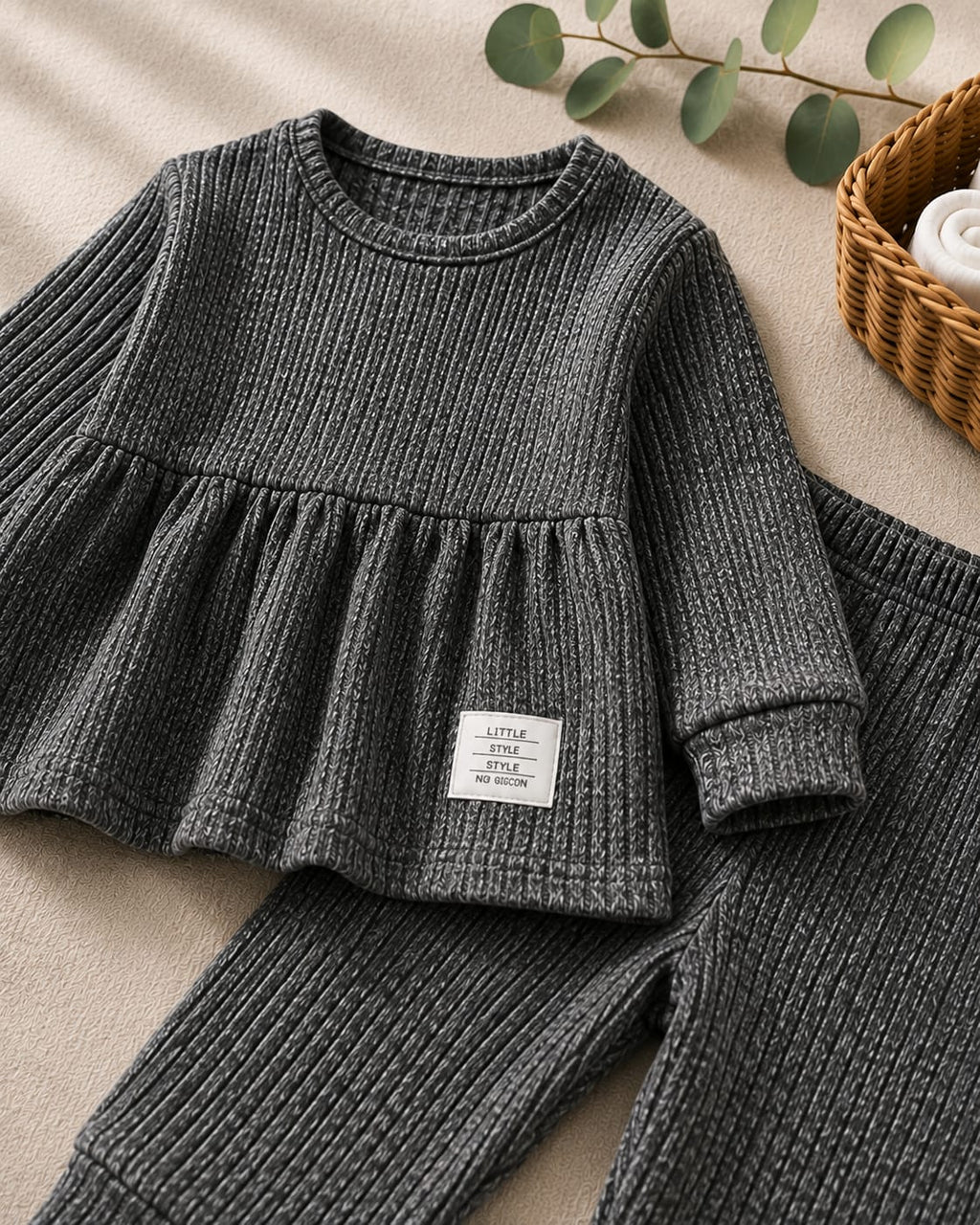Plush Ribbed Knit Frock with Cuff Trousers - Charcoal