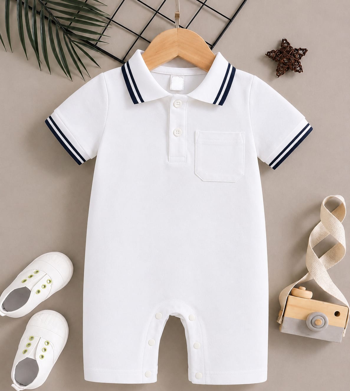 Plush-Polo Romper - White with white Collars