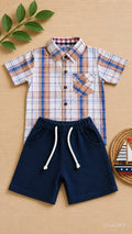Boys beige blue plaid shirt and navy shorts set