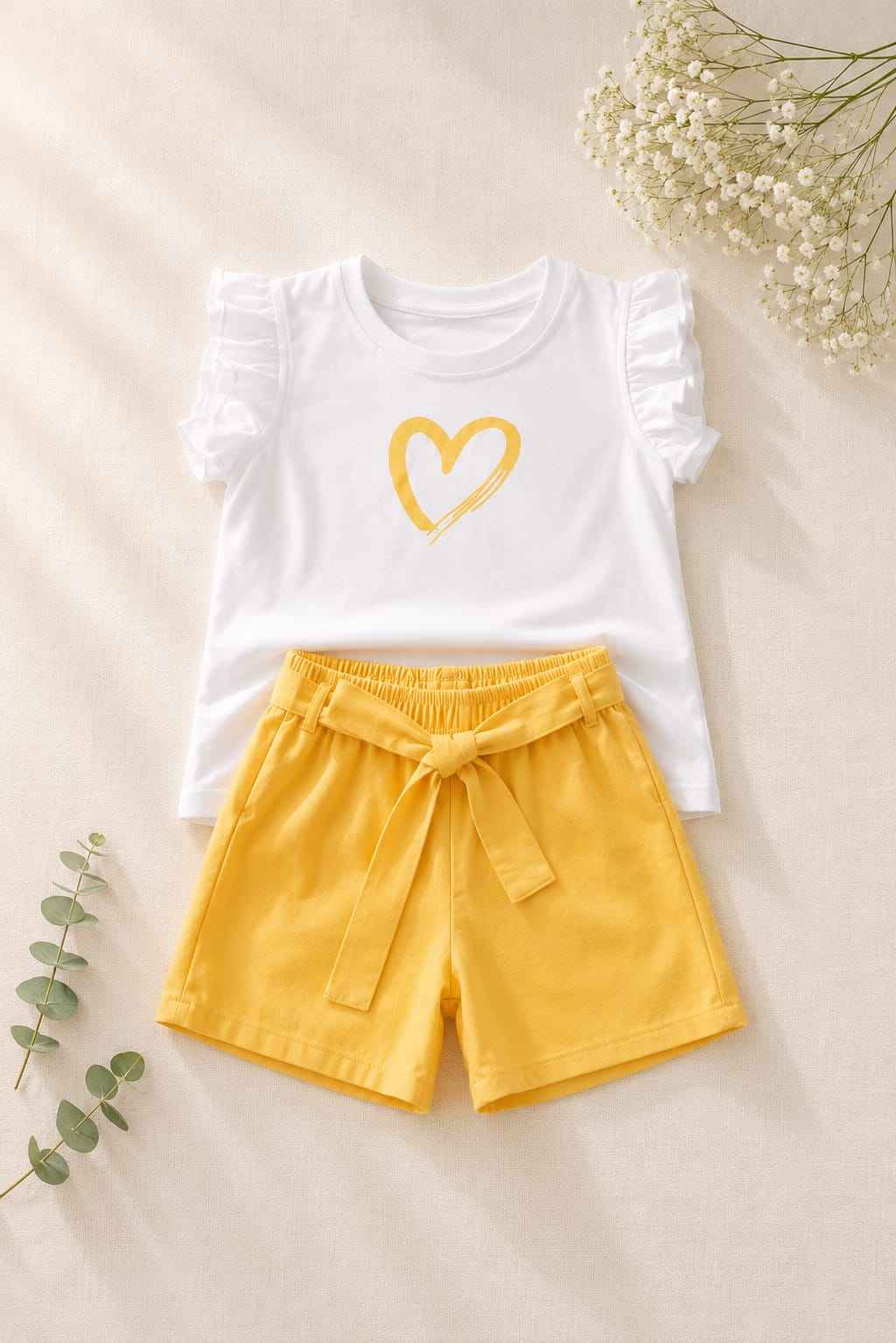 Girls White & Yellow Heart Print T-Shirt & Shorts Set