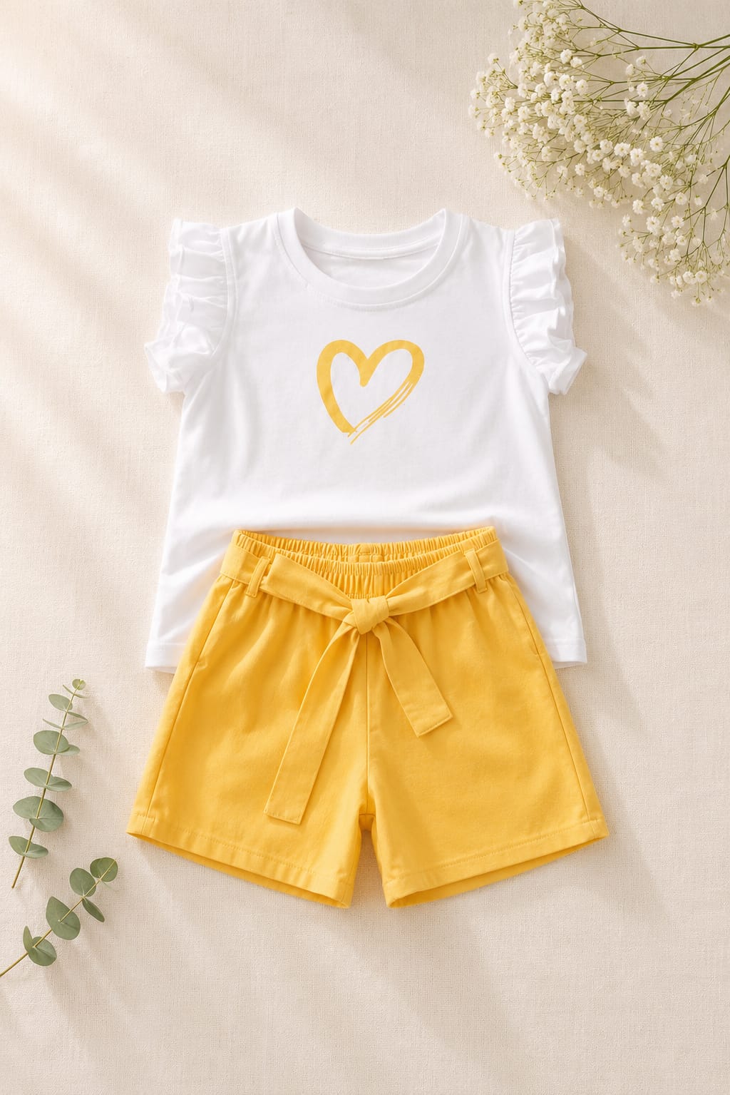 Girls White & Yellow Heart Print T-Shirt & Shorts Set