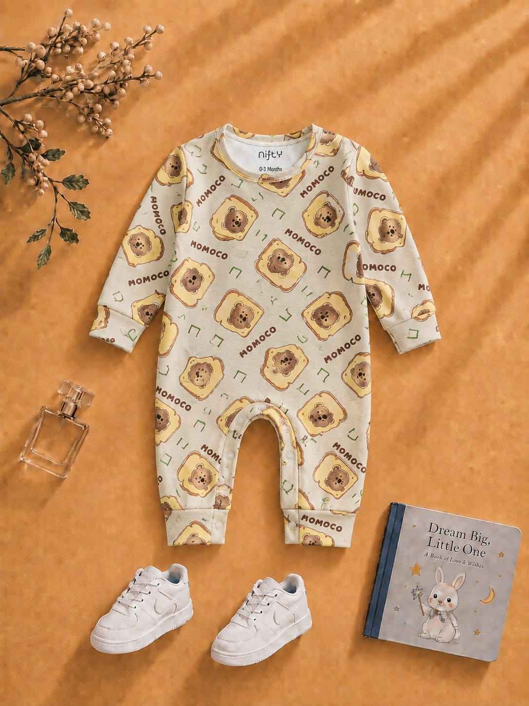 Baby Bear Toast Print Romper | Cream Long Sleeve Jumpsuit
