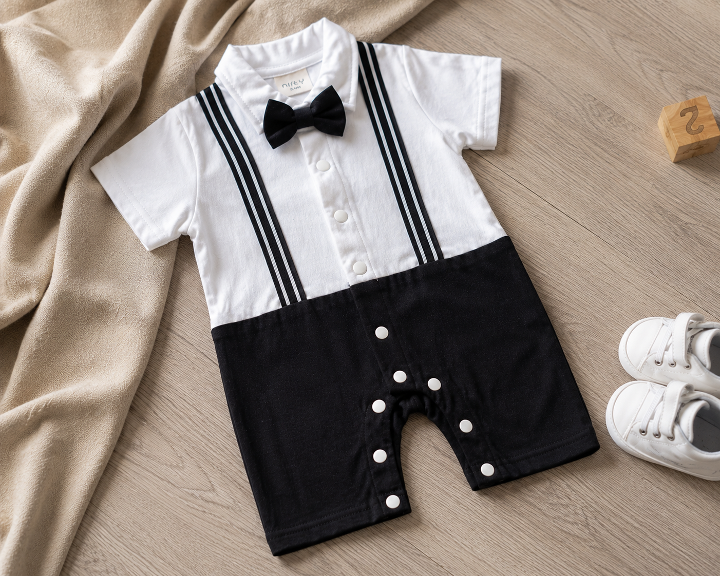 Baby Boy Black Suspender Romper with Bow Tie | Nifty Pakistan