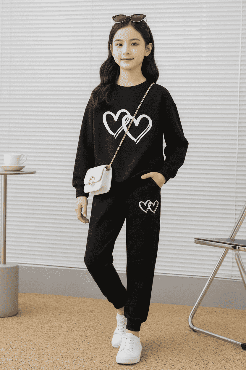 Girls black sweatshirt and jogger tracksuit set with white heart print
