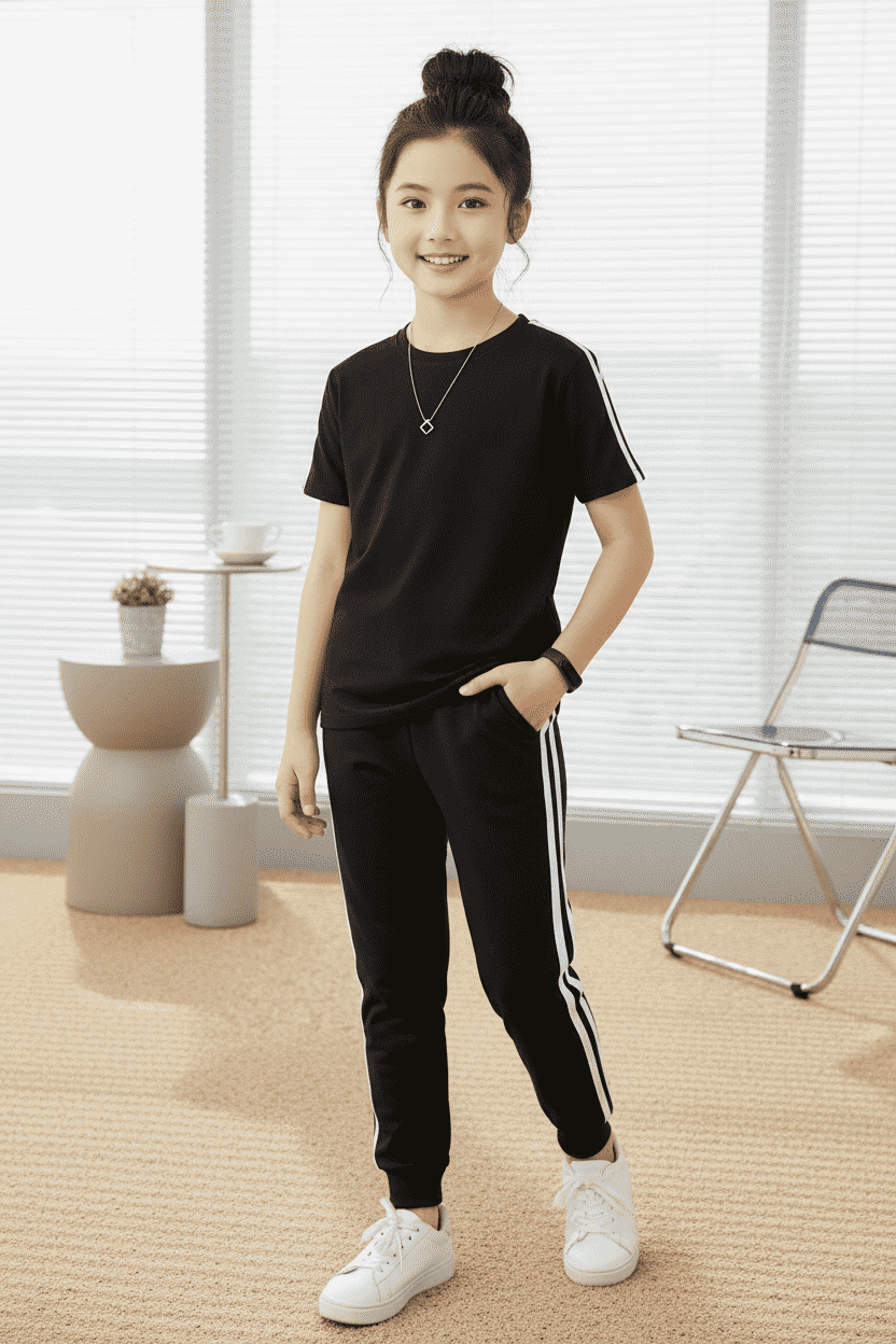 Girl wearing black t-shirt and jogger set with white side stripes
