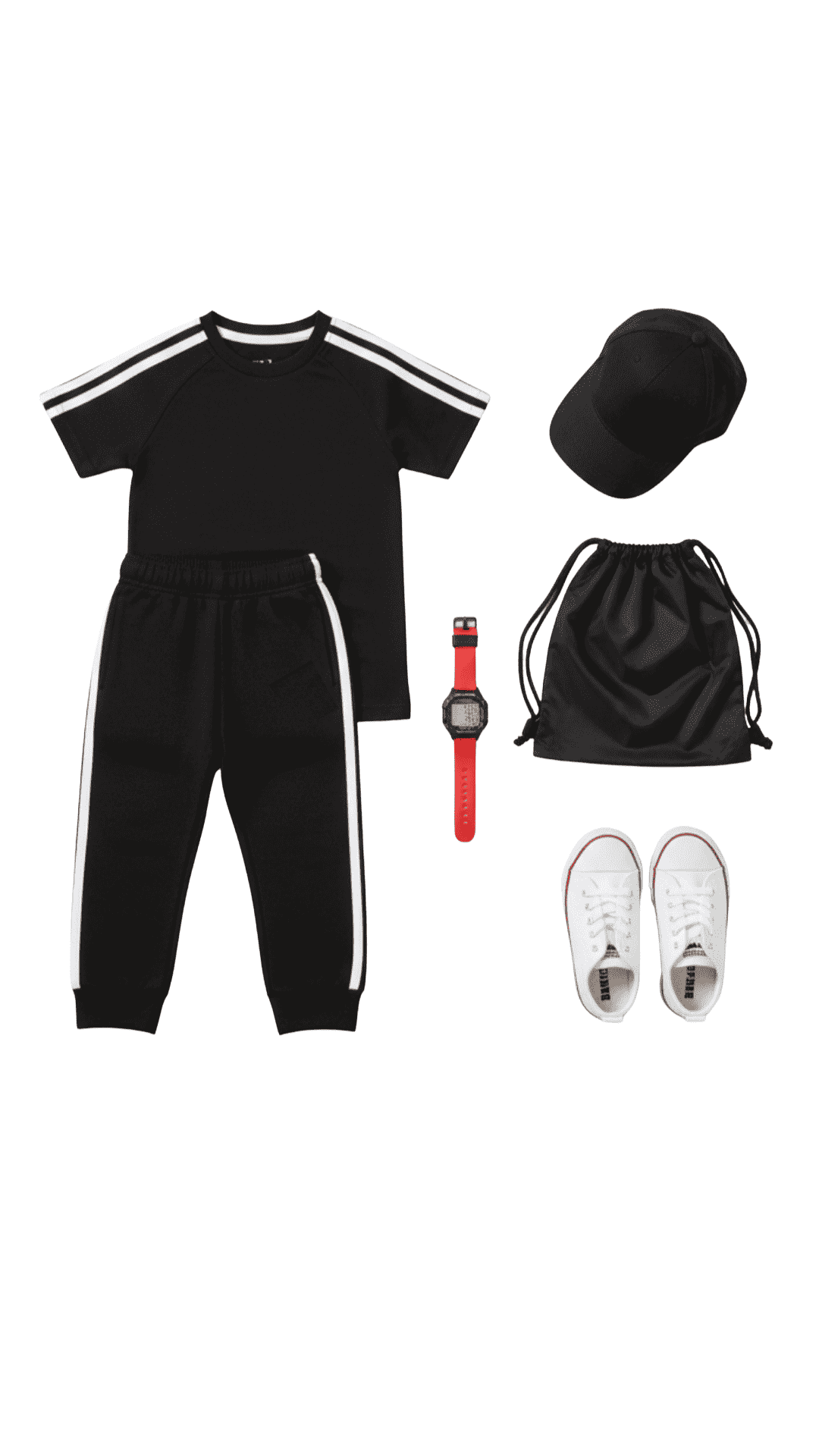 Girl wearing black t-shirt and jogger set with white side stripes