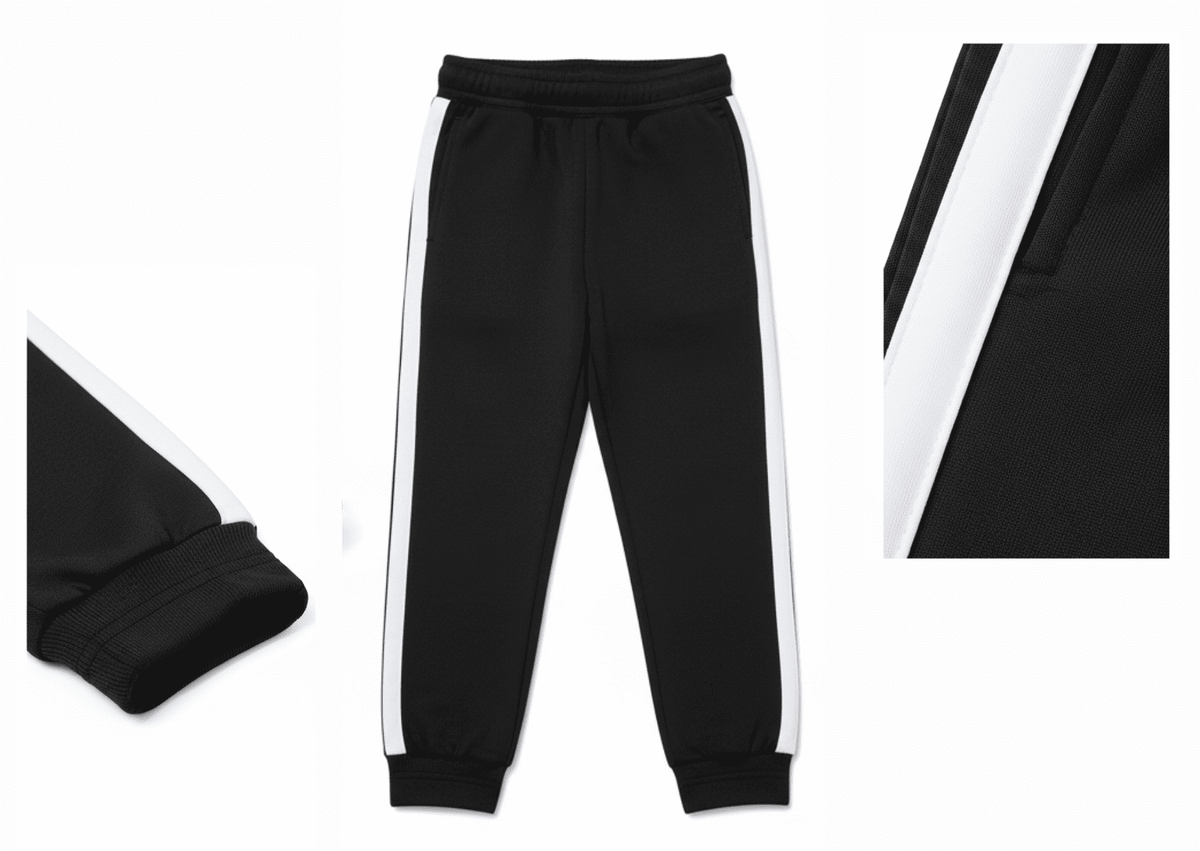 Girl wearing black t-shirt and jogger set with white side stripes