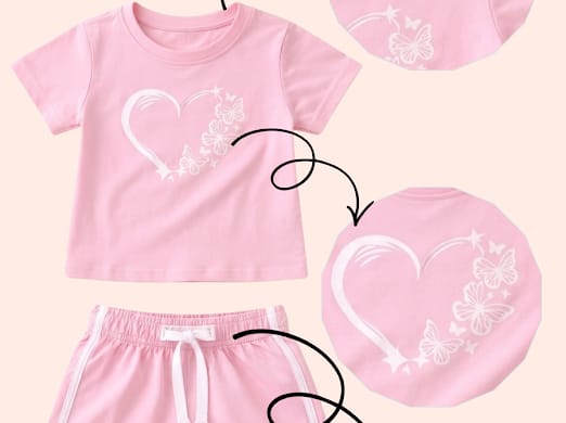 Pink girls outfit set with butterfly heart graphic t-shirt and matching shorts
