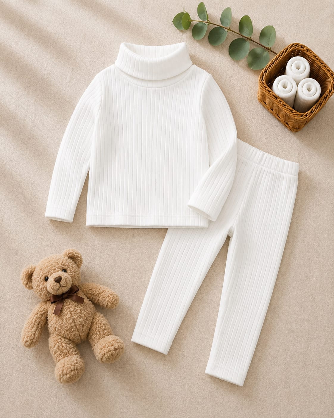 Plush - Shoulder High Neck Style Ribbed Knit Basic Set - white
