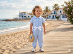 Sky blue baby romper with striped pattern and waist bow detail