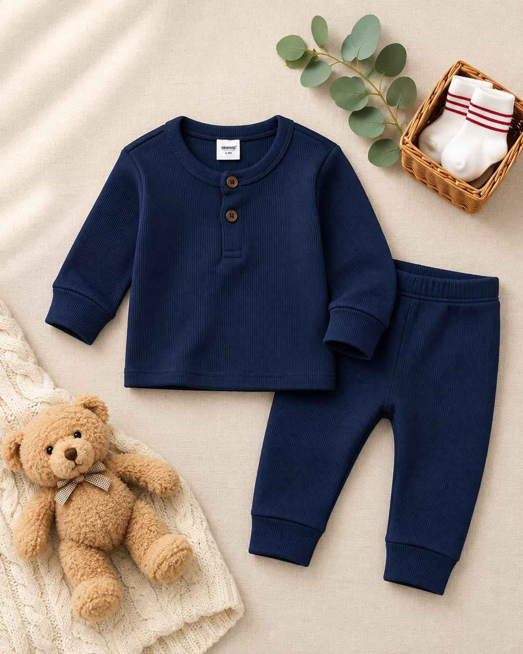 Plush Round Neck Style Ribbed Knit Basic Set - Midnight Navy Blue