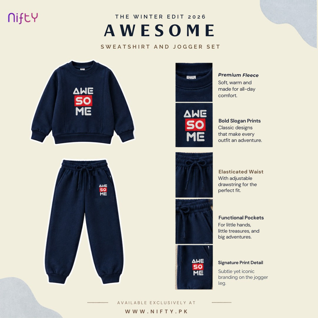 Navy “Awesome” Kids Sweatshirt & Jogger Set