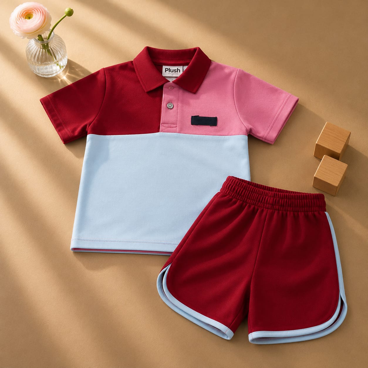 Plush-Baby Plaid Polo Shirt & Shorts-Blue-Red-Pink
