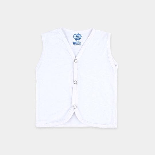 Set of 3 white sleeveless front-open baby vests with snap buttons.