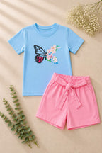 Girls Sky Blue & Pink Contrast T-Shirt & Shorts Set