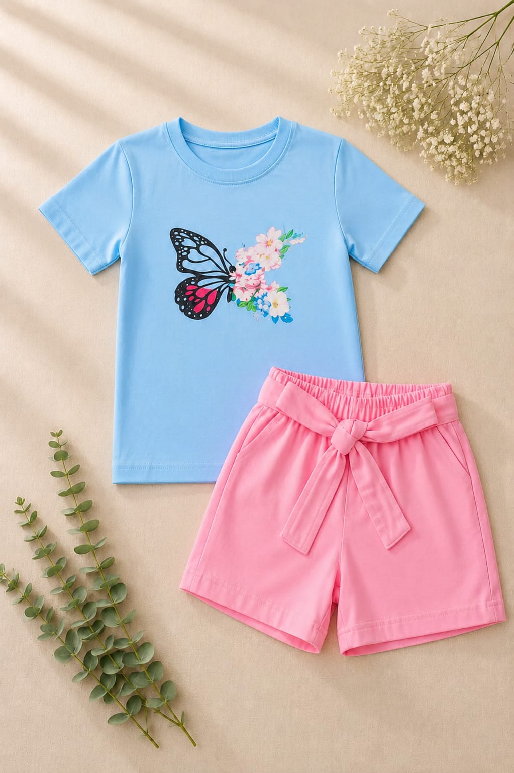 Girls Sky Blue & Pink Contrast T-Shirt & Shorts Set