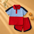 Plush-Baby Plaid Polo Shirt & Shorts-Red-Blue