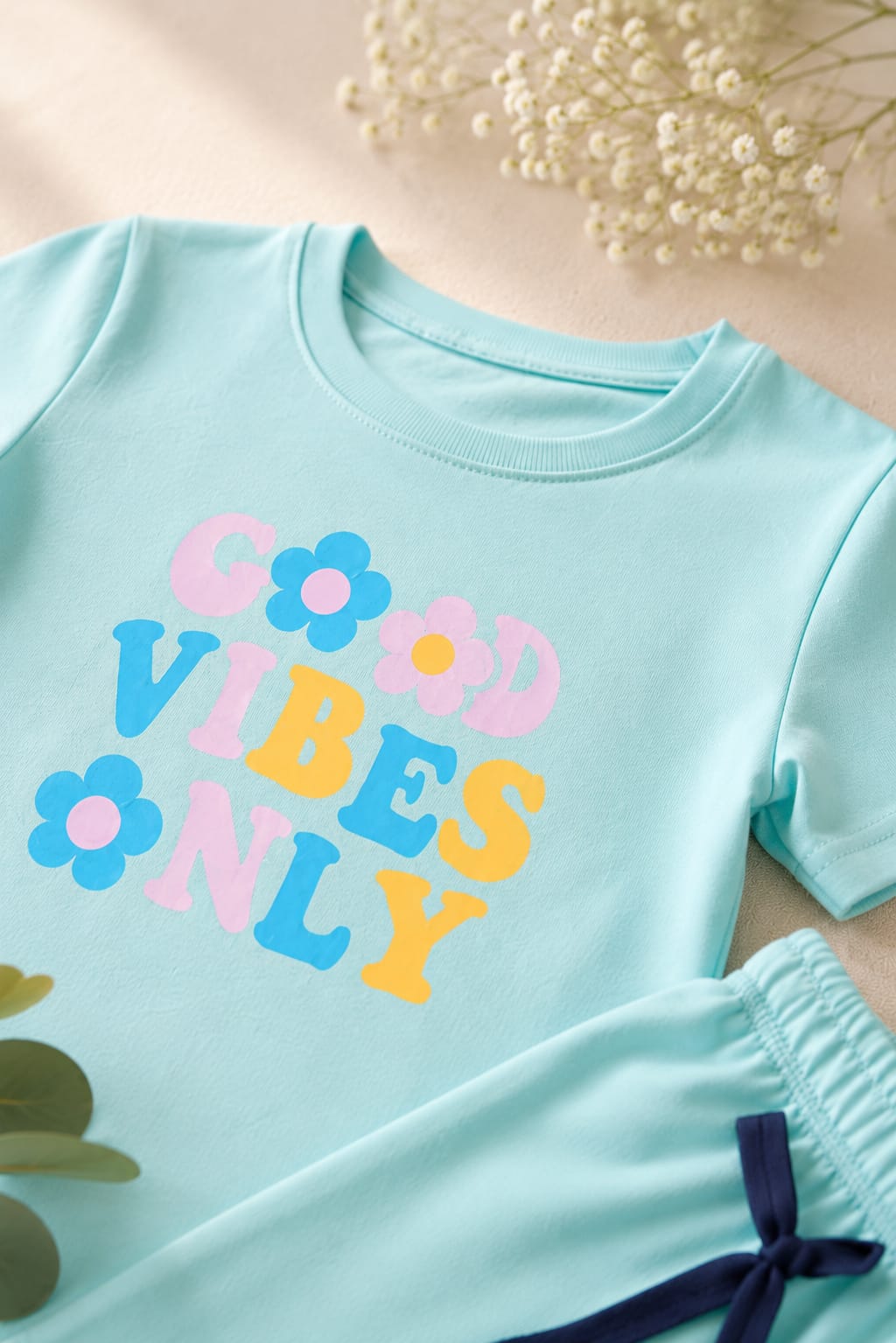 Girls Mint Green "Good Vibes Only" T-Shirt & Shorts Set