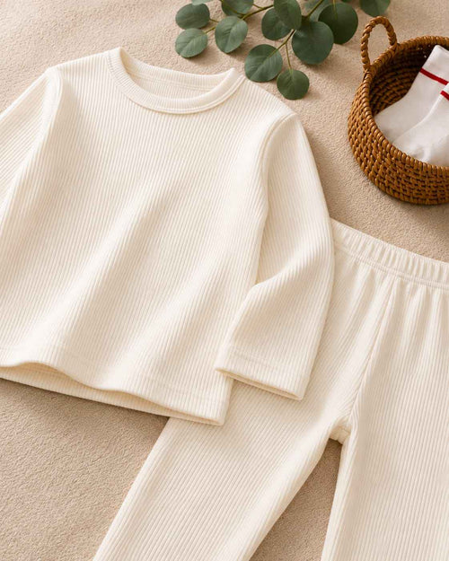 Plush Round Neck Style Ribbed Knit Sweat Set - White