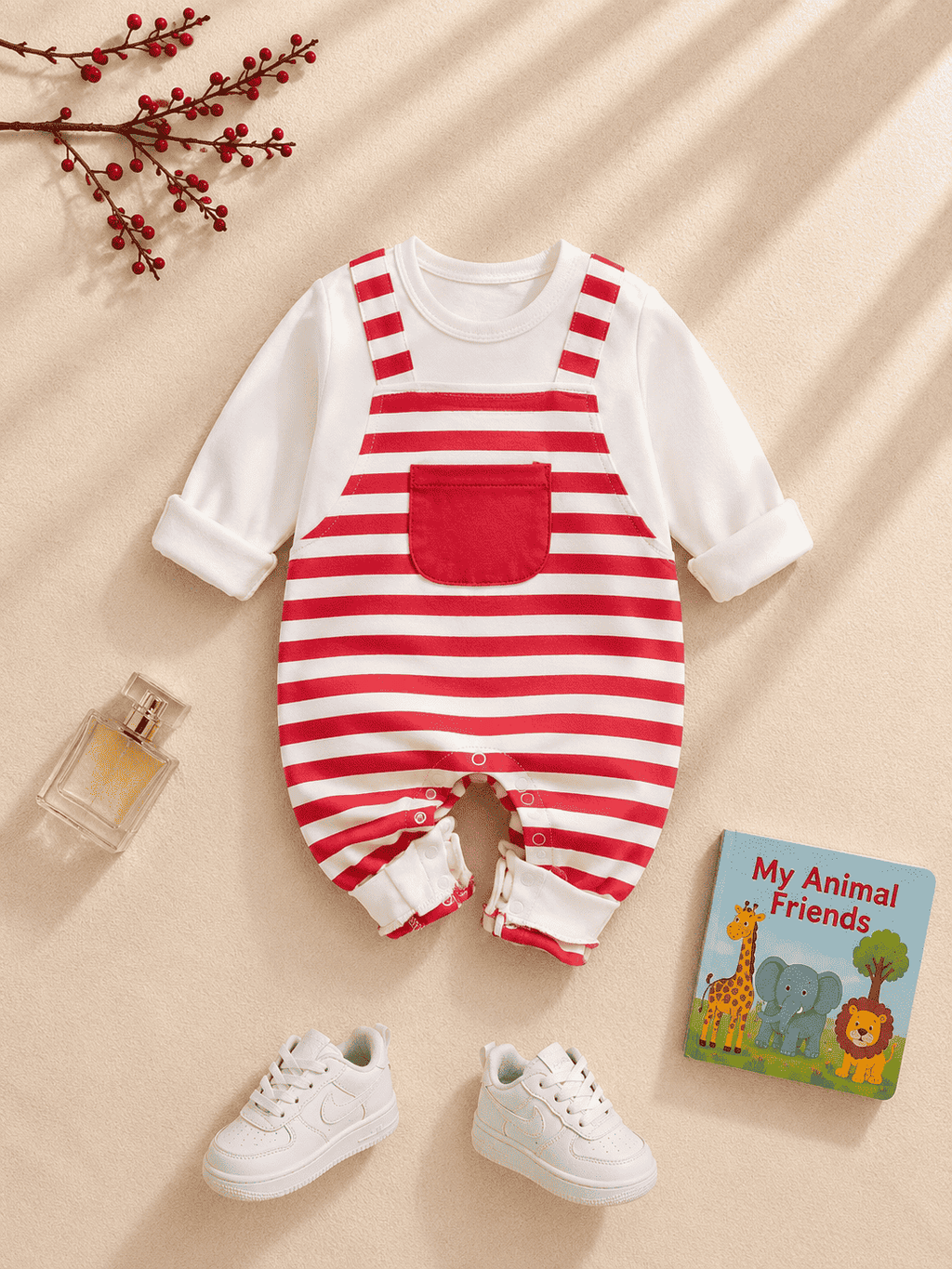 Plush-Printed Rompers - Striped - Red