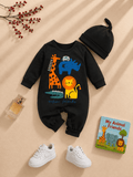 Plush-Printed Rompers - Animal Kingdom - Black
