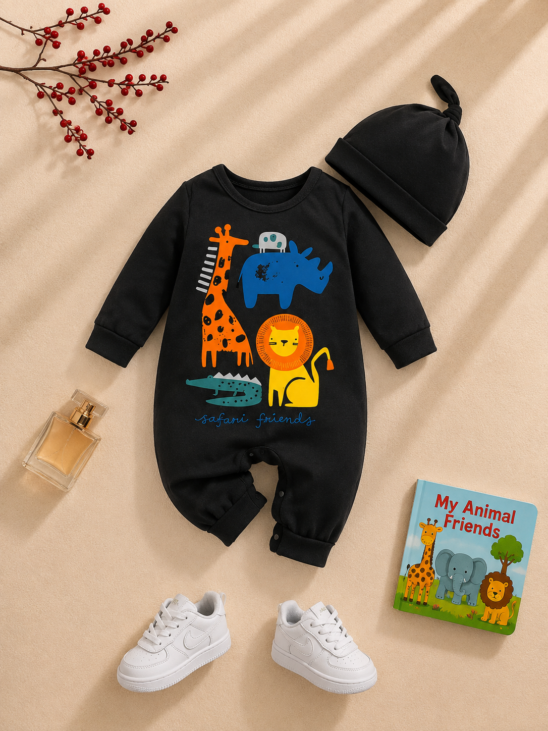 Plush-Printed Rompers - Animal Kingdom - Black