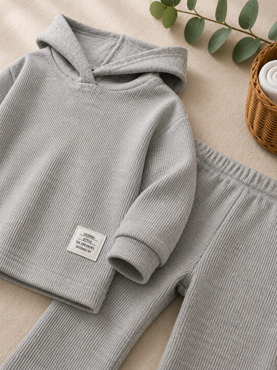 Plush Hoodied Bell Bottom Style Ribbed Knit Basic Set - Grey