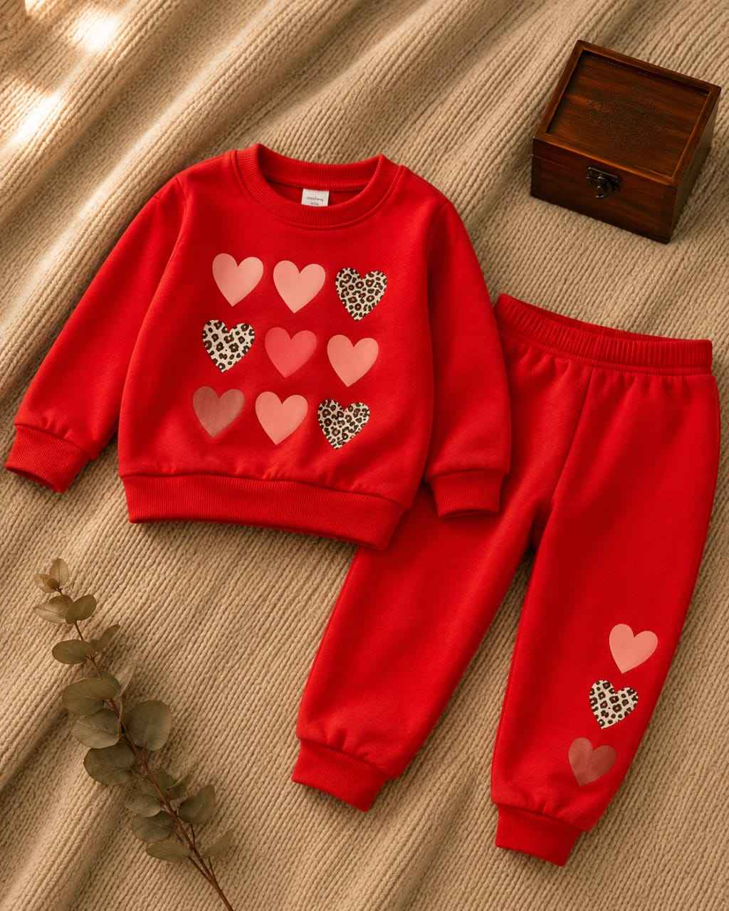 Plush Fleece Shirt & Trouser - Hearts in Red