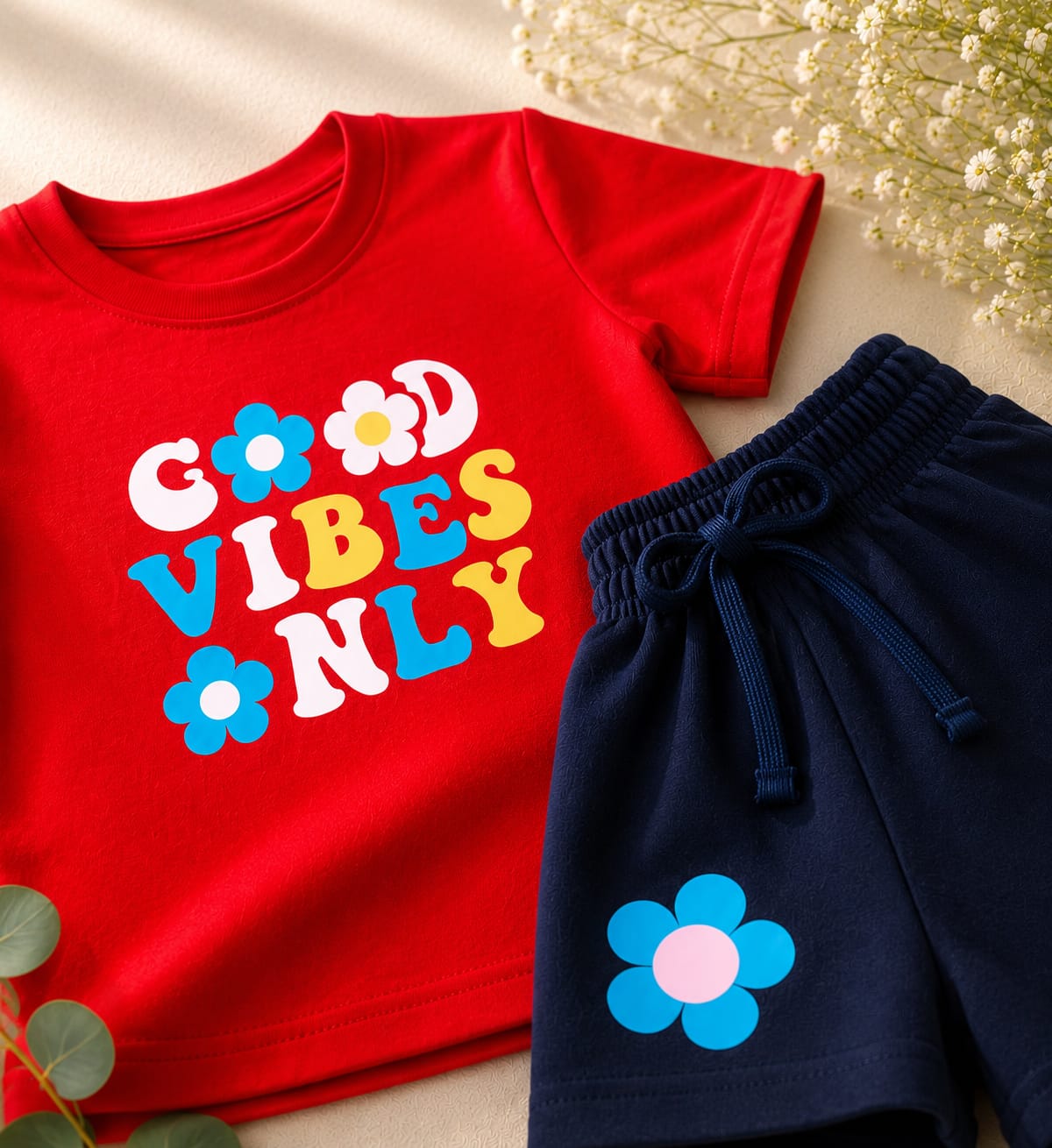Girls Red "Good Vibes Only" T-Shirt & Shorts Set
