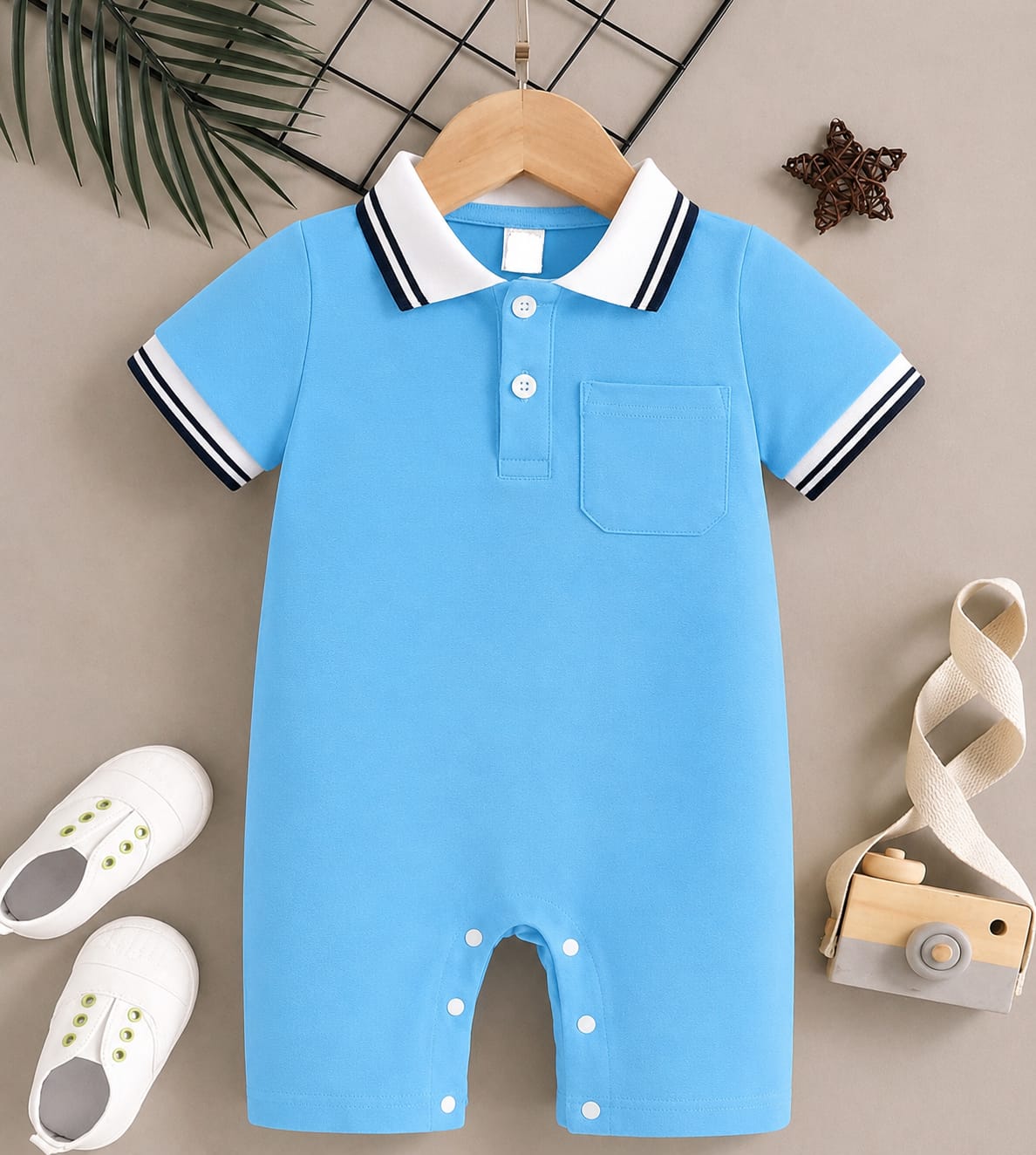 Plush-Polo Romper - Sky blue with white Collars