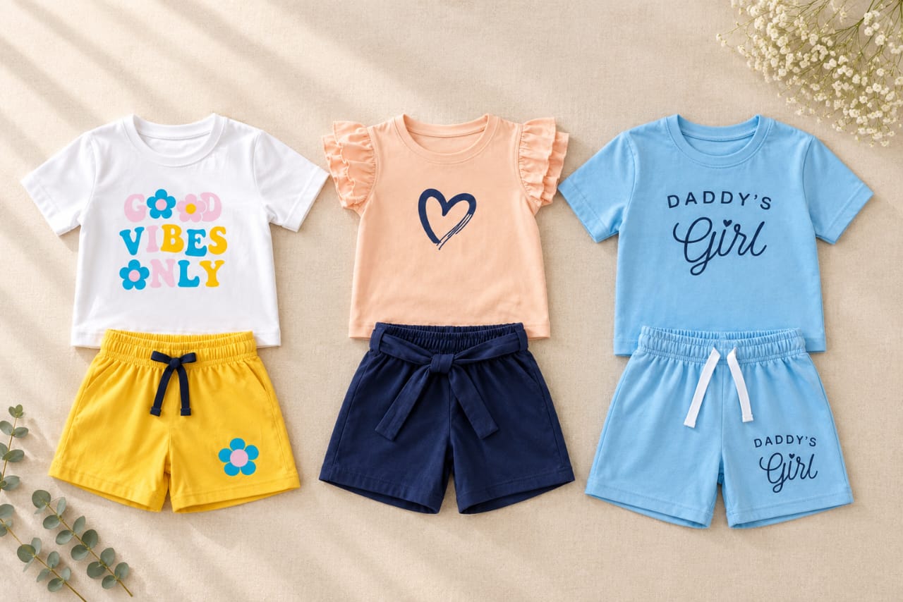 Girls ruffle sleeve printed co-ord set pack of 3