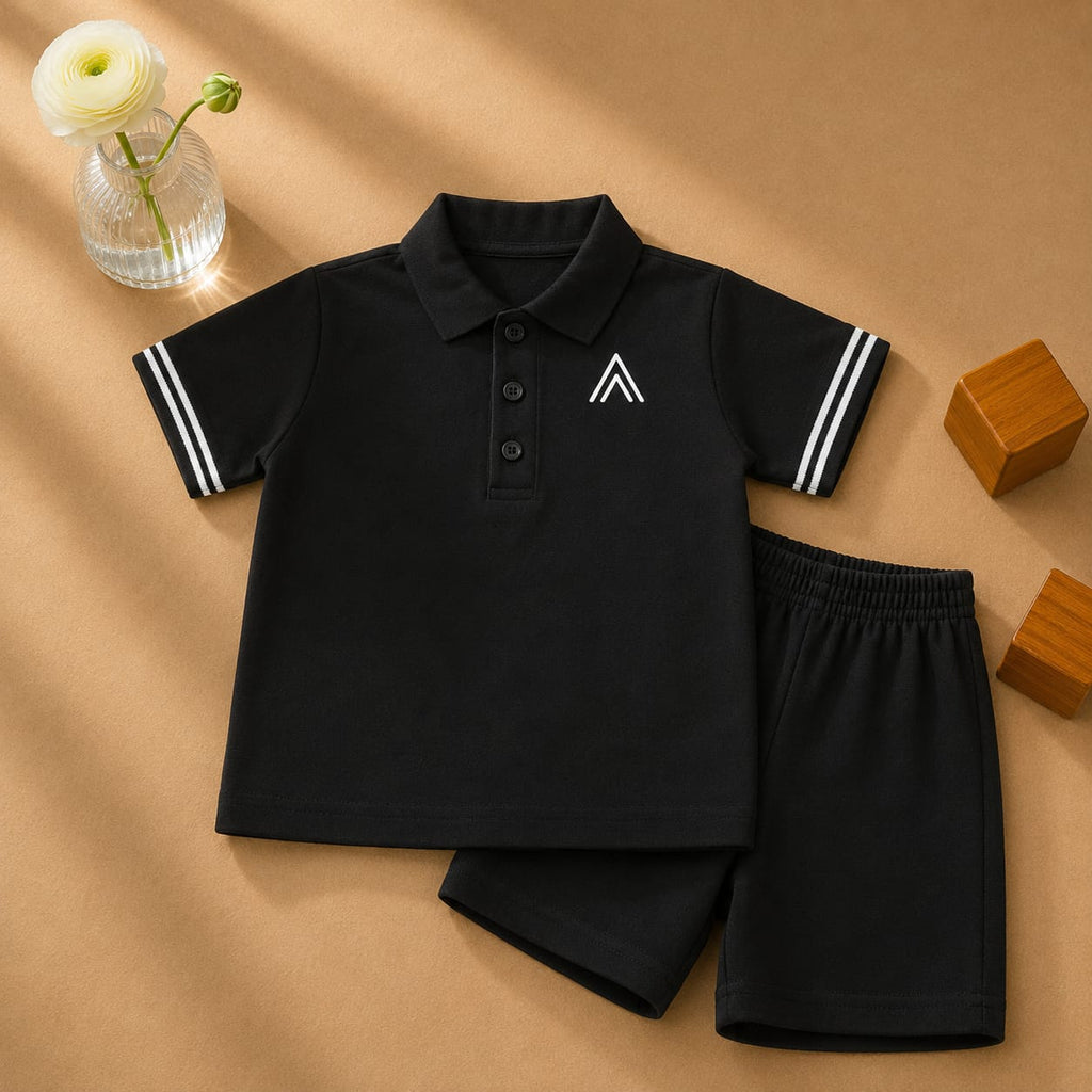 Plush-Baby Plaid Polo Shirt & Shorts-Black