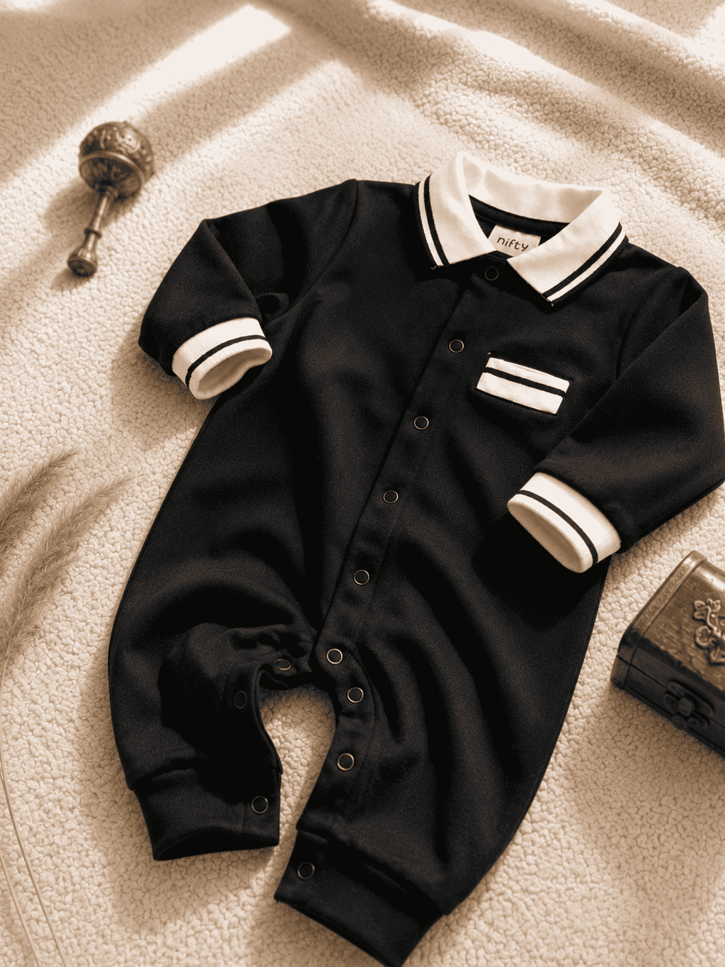Baby Boy Romper – Black with White Striped Collar Jumpsuit