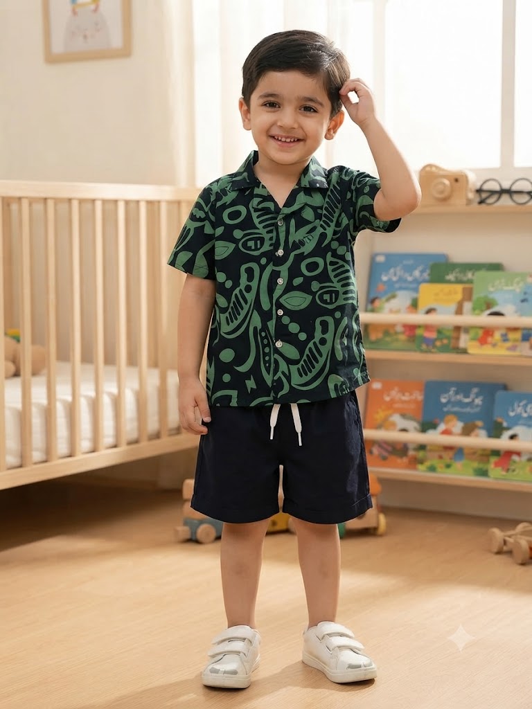 Mini Aura Boys Shirt and Shorts Set (Abstract Leaf Print) – Olive Green