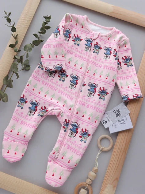 Baby Girls Stitch Print Zip-Up Footed Sleepsuit – Pink