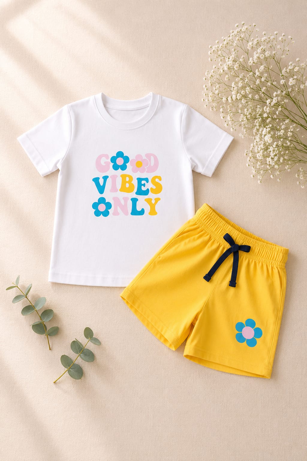 Girls White & Yellow "Good Vibes Only" T-Shirt & Shorts Set