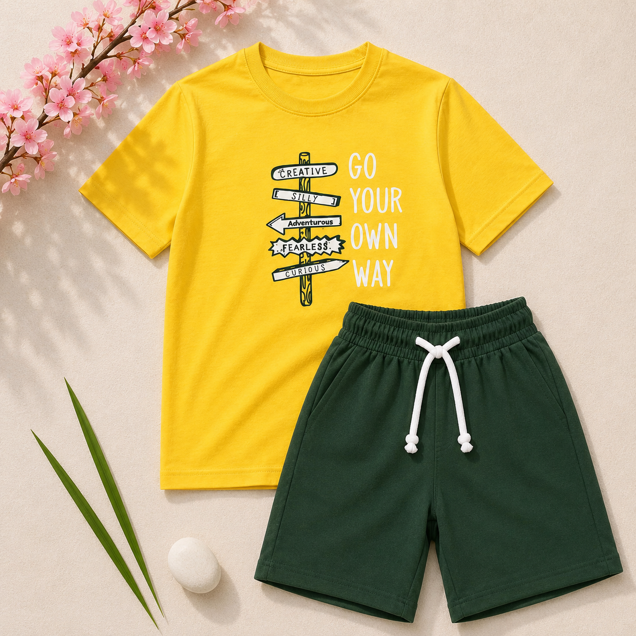 Boys Yellow & Green "Go Your Own Way" T-Shirt & Shorts Set