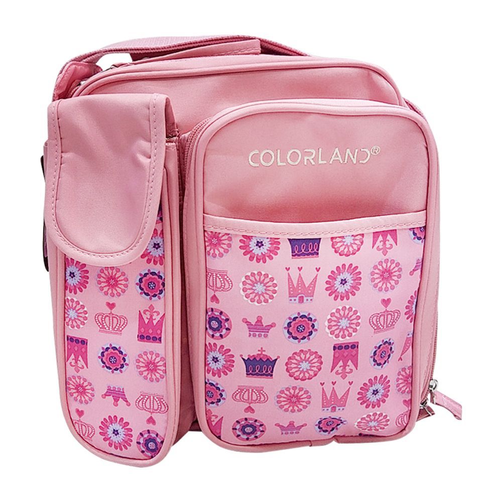 Pink Color land diaper bag with purple crown and floral pattern.