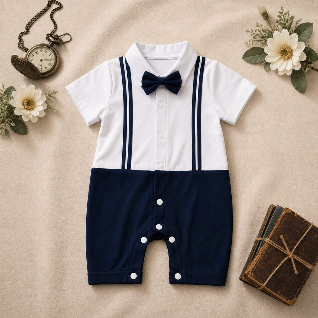 White & Navy Blue Bow Tie Polo Romper for Babies | Soft Interlock Bodysuit