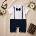 White & Navy Blue Bow Tie Polo Romper for Babies | Soft Interlock Bodysuit