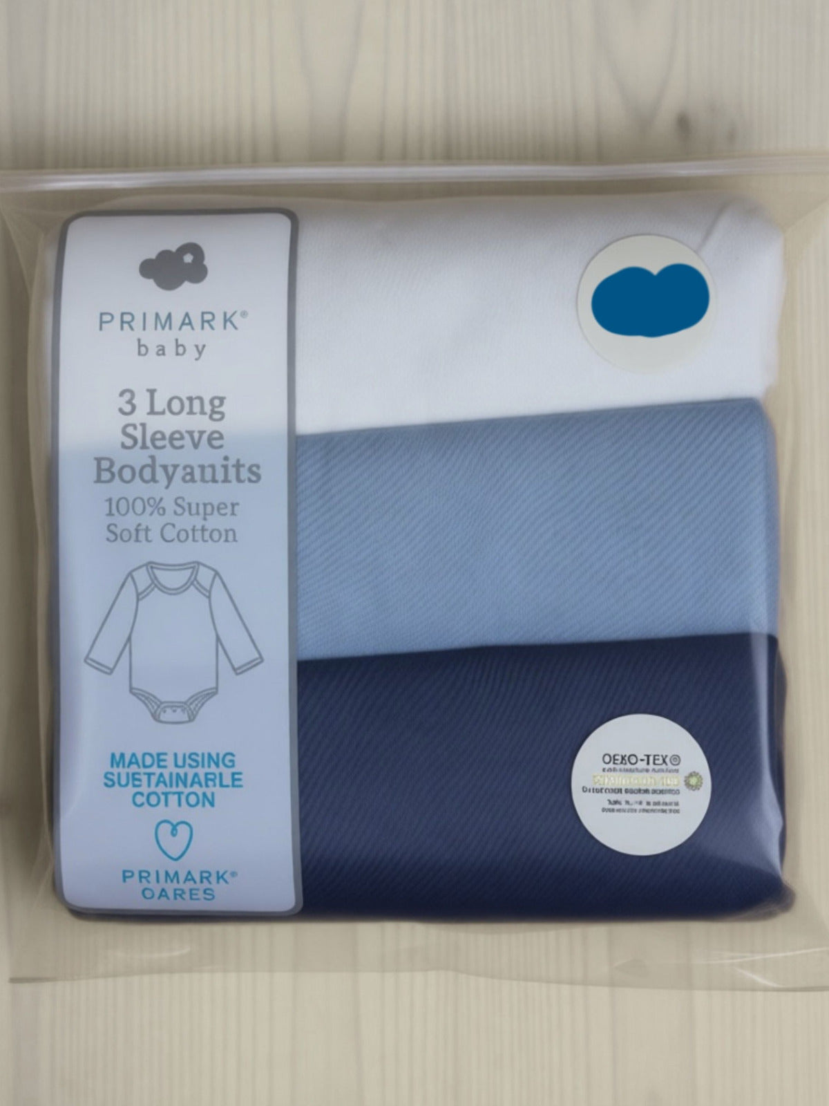 Baby Long Sleeve Cotton Bodysuits 3 Pack – White & Blue