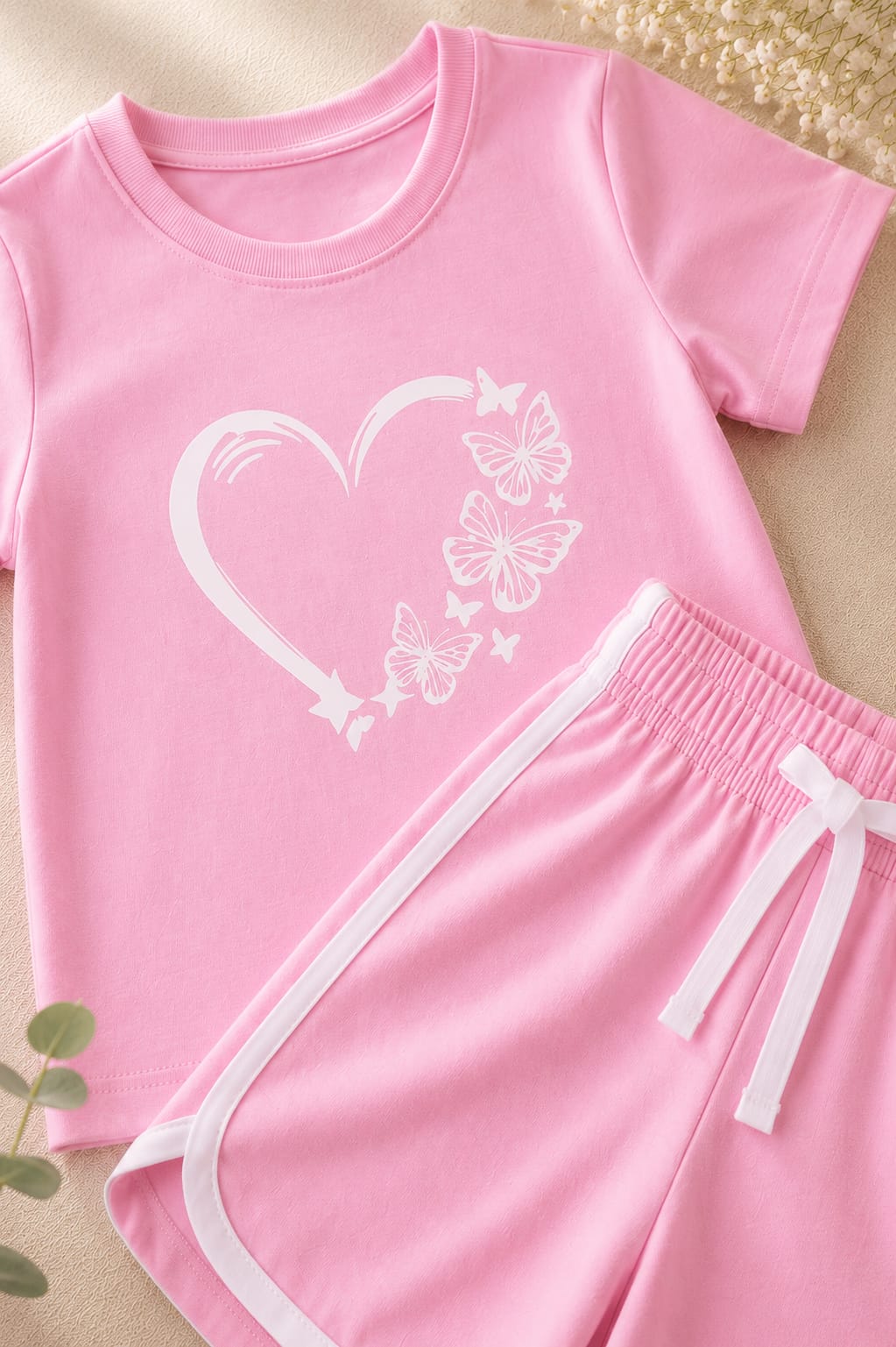 Girls Pink Butterfly Heart T-Shirt & Shorts Set
