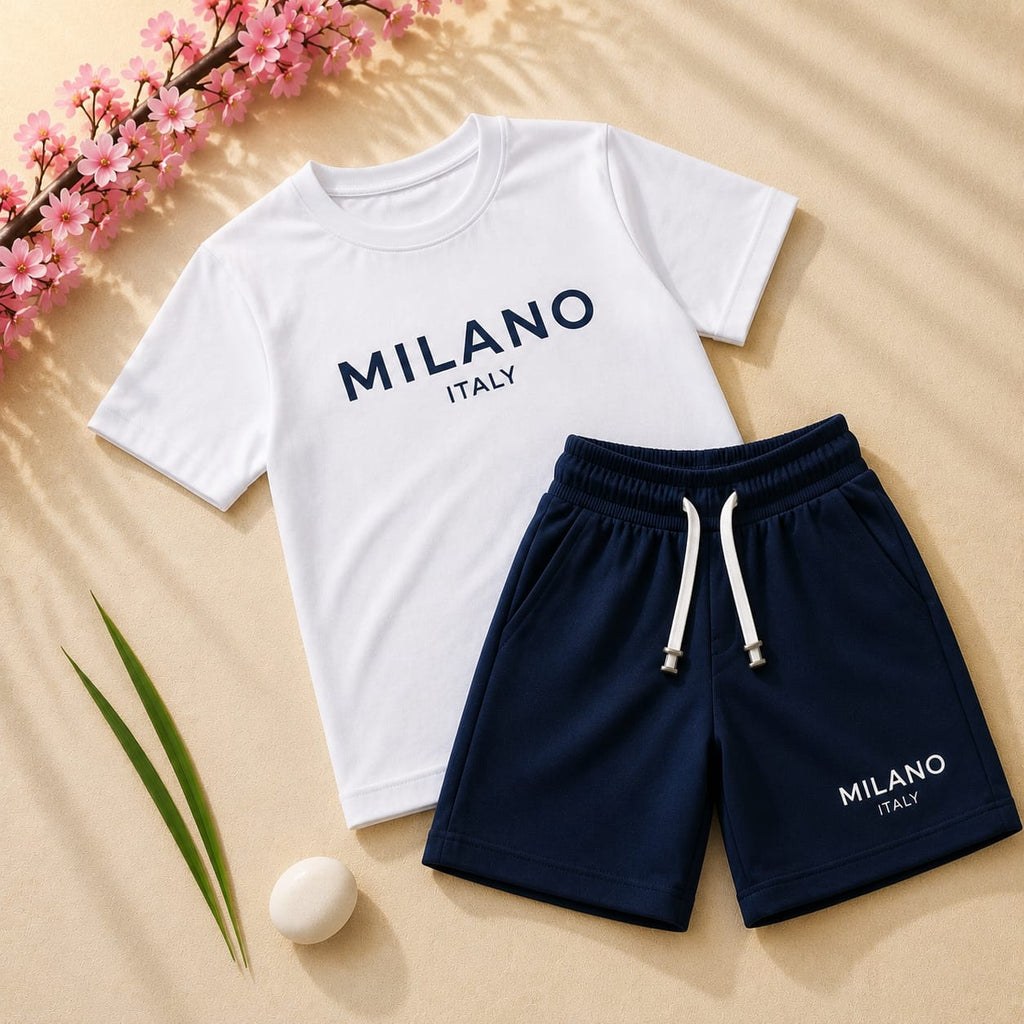 Boys White & Navy "Milano Italy" T-Shirt & Shorts Set