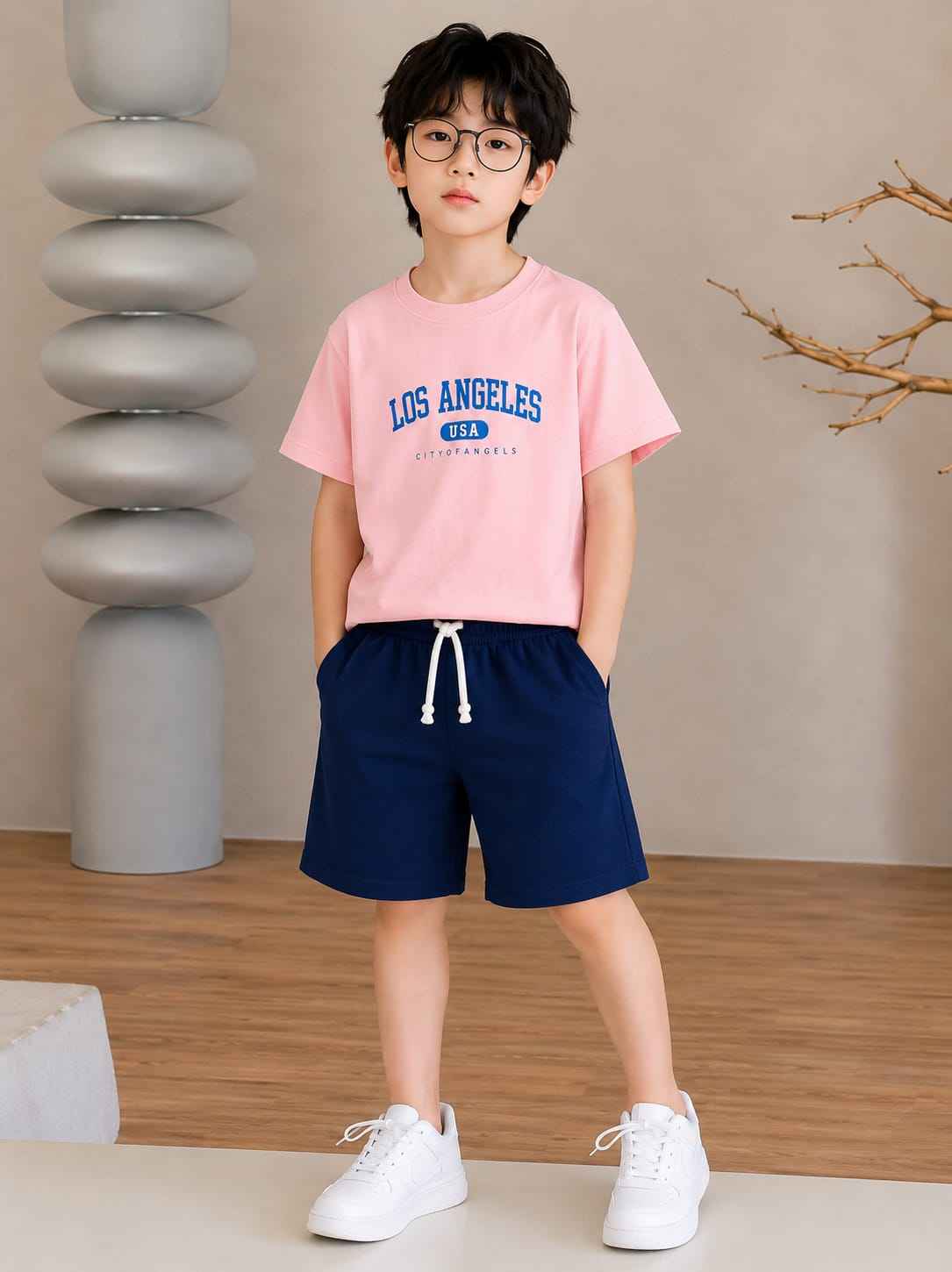 Boys Peach & Navy "Los Angeles" T-Shirt & Shorts Set