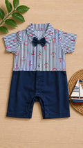 Navy anchor print baby romper with bow tie