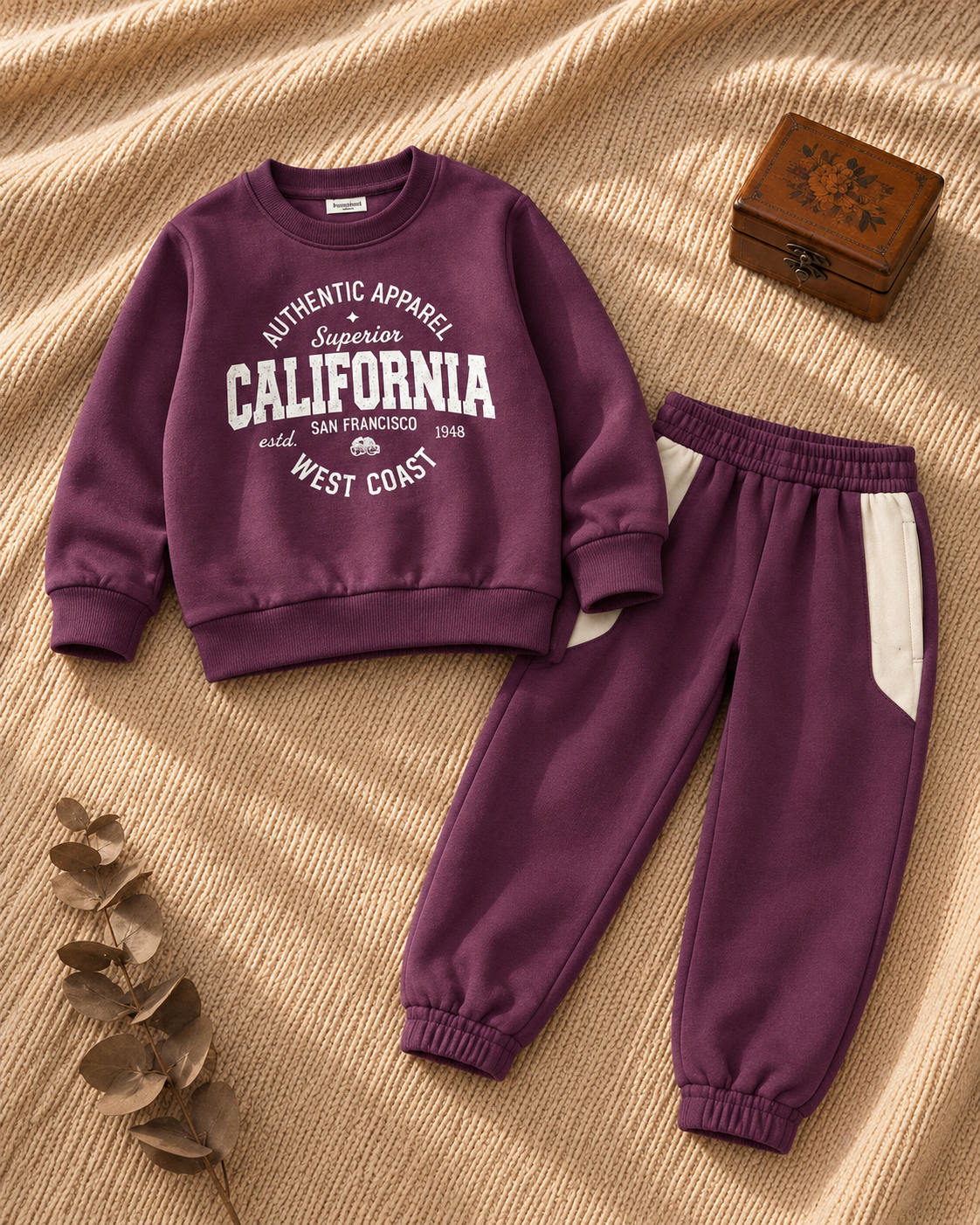 Kids plum California print fleece sweatshirt and jogger set